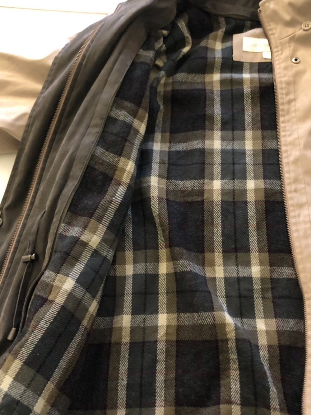 Liz Claiborne Coat Mid-Length Jacket Plaid Lining Zip Snap Button Taupe Size M - Picture 11 of 16